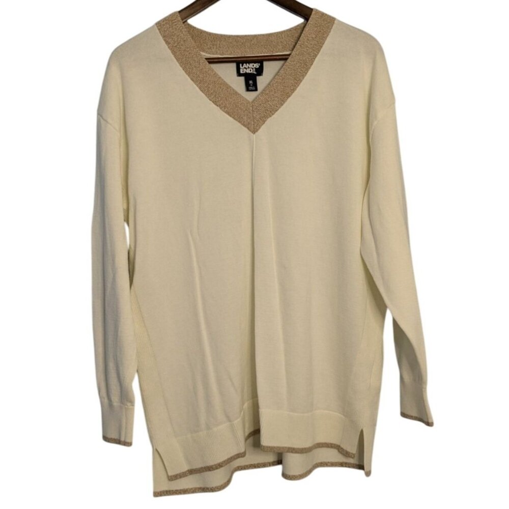 Lands End Womens XL White V-Neck Sweater Tan Ribbed Trim Cotton Academia
